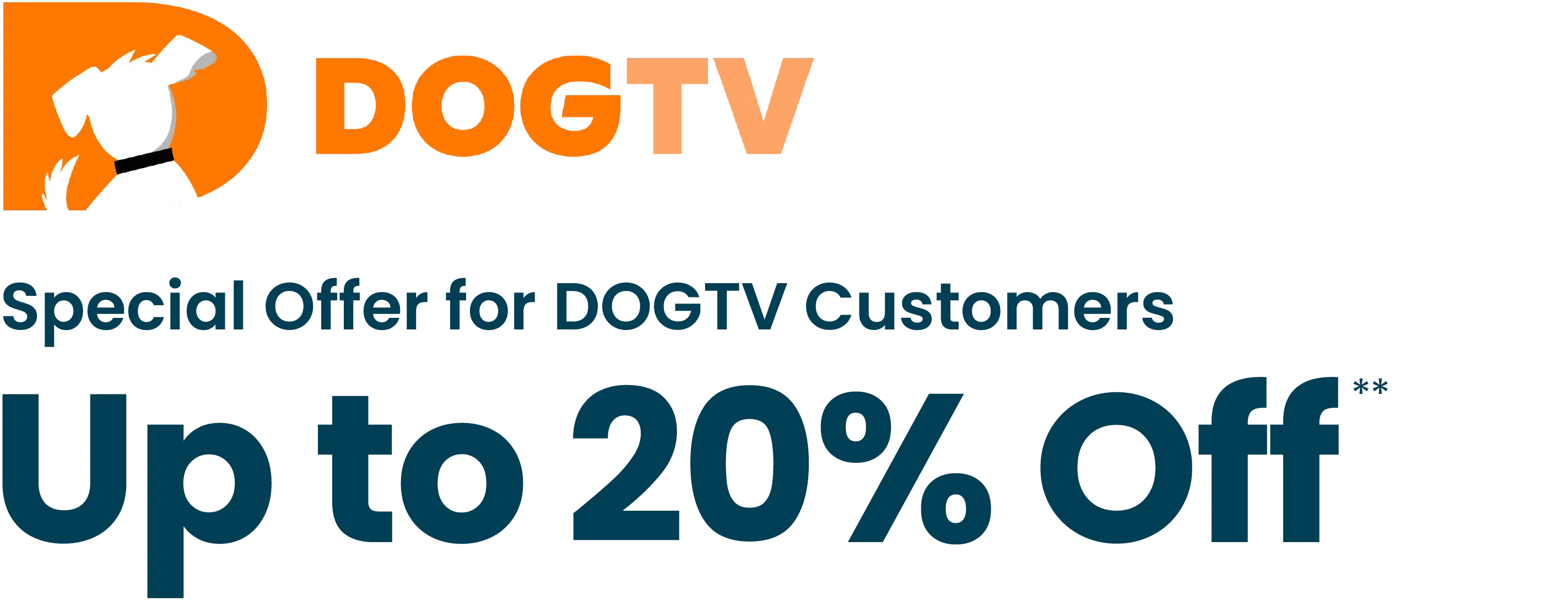 The DOGTV logo and text offer a special discount of up to 20% for customers.