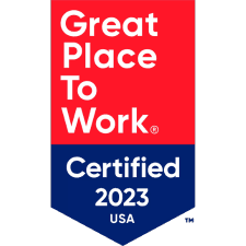 A badge displaying "Great Place to Work Certified 2023 USA" in red and blue text.
