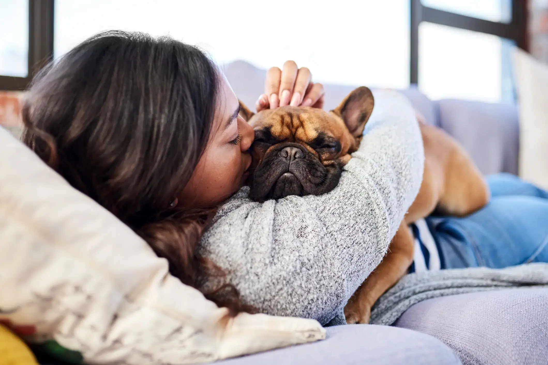 Woman Cuddling With French Bulldog Puppy